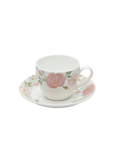 Clay Craft Fine Ceramic Cup&Saucer Set of 12 (6 Tea Cups+6 Saucers) White Pink Floral Can Be Used for Birthdays,Anniversaries,Parties,Mother,Father,Sister,Medium (Cc-Cs12-Cream-S341),180 Milliliter