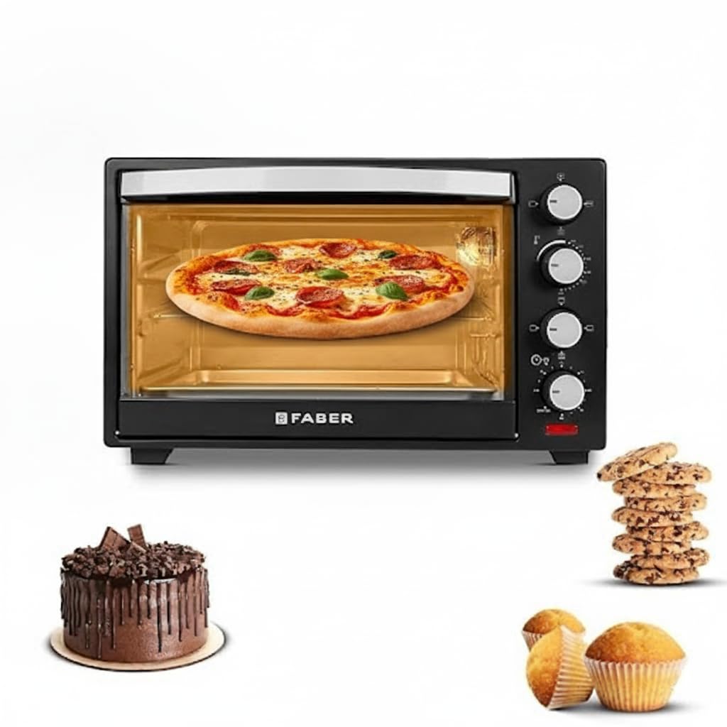 Faber 45L 2000W OTG | Bake, Toast, Roast, Grill | 4 Heating Functions, Upper & Lower Heating, Rottisserie, 360° Convection| Indicator Light, Auto Shut-Off, Ready Bell | Removable Crumb Tray | (Black)