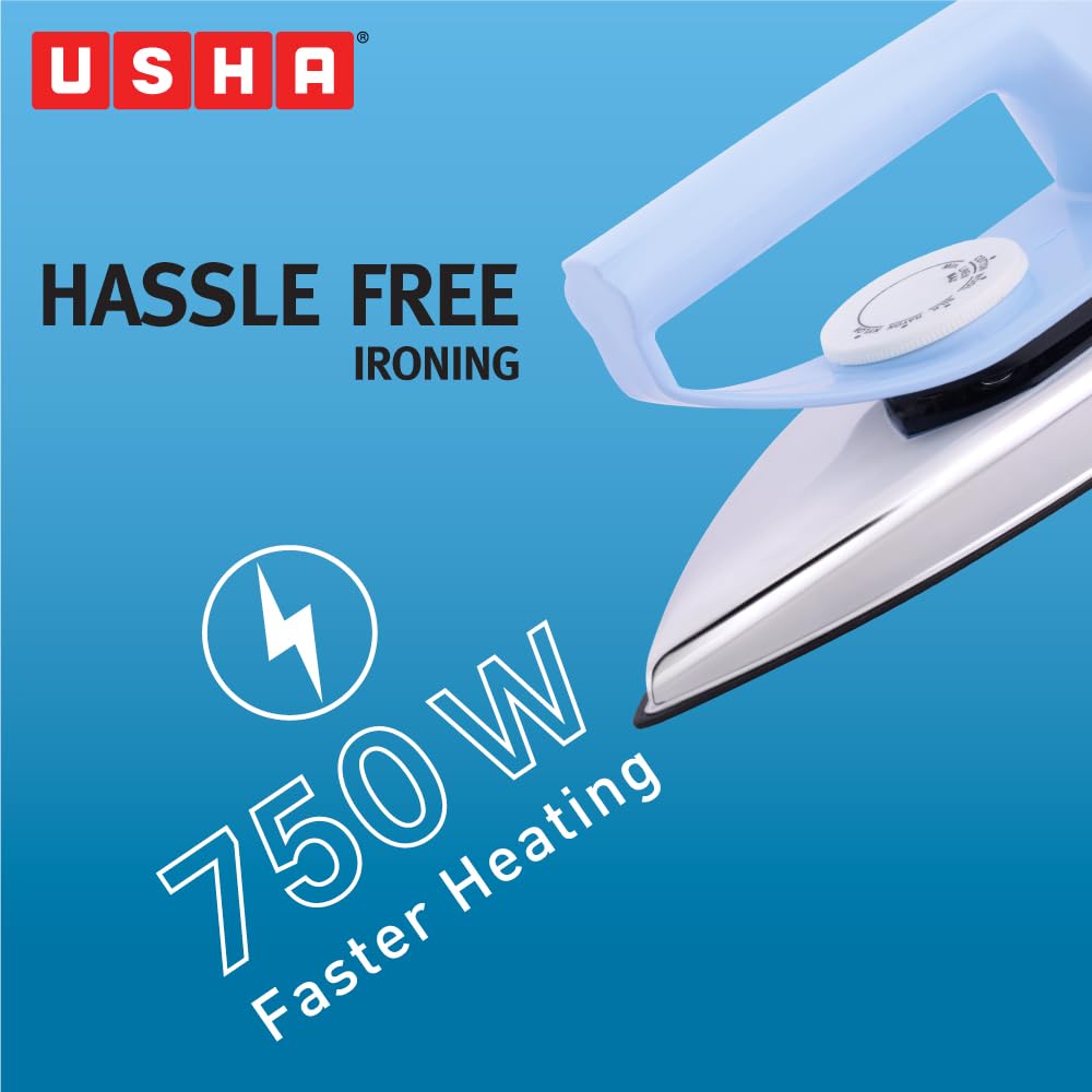 USHA EI 4175-M 750W ULTRA LIGHT WEIGHT ELECTRIC IRON WITH NON STICK PTFE COATED (BLACK WEILBURGER) SOLE PLATE, LIGHT BLUE