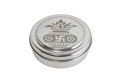 Dynore Stainless Steel Round Pooja Box - Mandir Roli, Chawal,Chandan, Kumkum Puja Mandir Box, Dibbi with 7 Containers- Set of 2