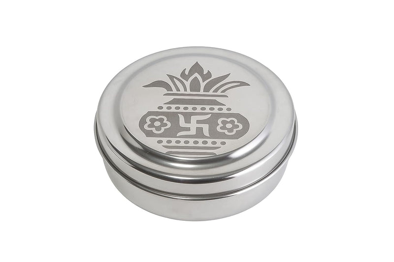 Dynore Stainless Steel Round Pooja Box - Mandir Roli, Chawal,Chandan, Kumkum Puja Mandir Box, Dibbi with 7 Containers- Set of 2