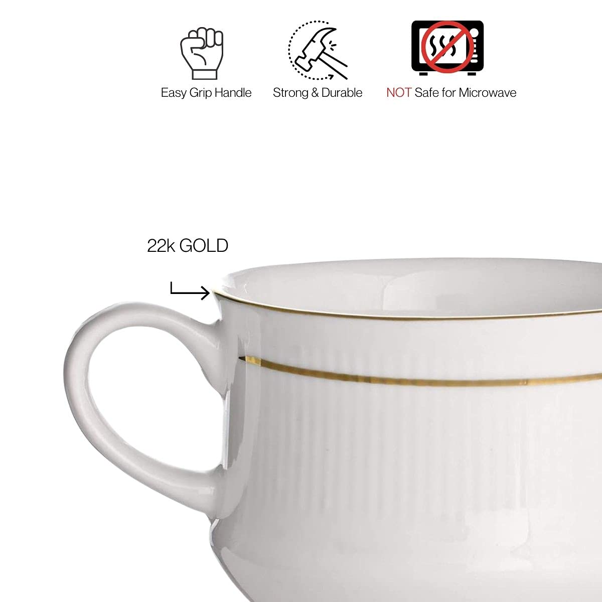 Clay Craft Ceramic Tea|Coffee Mug|Cup Set with Mona - 22K Gold Line, Special for Drink Tea, Coffee, Latte, 6-Pieces, White with Gold Lines, 180 ml (6 Piece Cups)