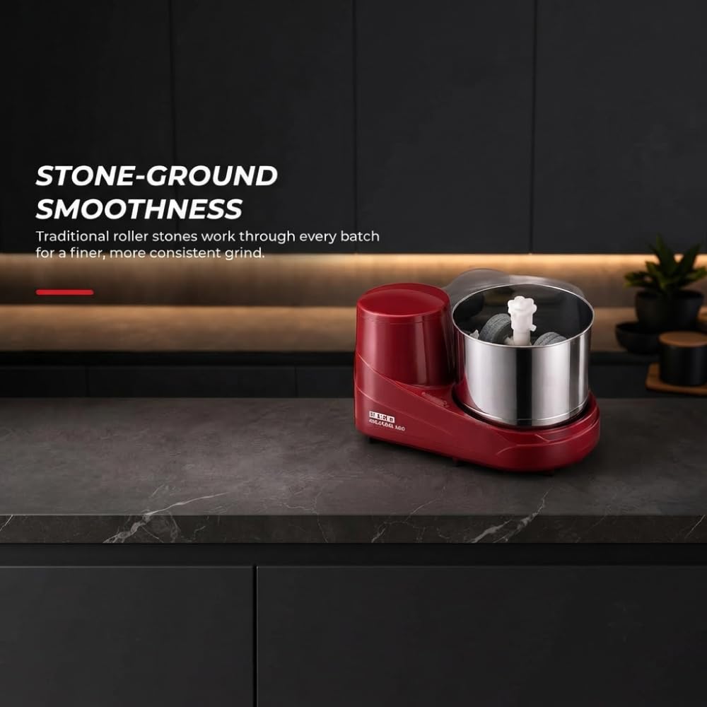 USHA Colossal Neo 2 litres Table-Top Wet Grinder, 150W 100% Copper Motor, Dual Stones, Stainless Steel Drum, 10 Years Warranty on Motor, Free Home Service (Cherry Red)
