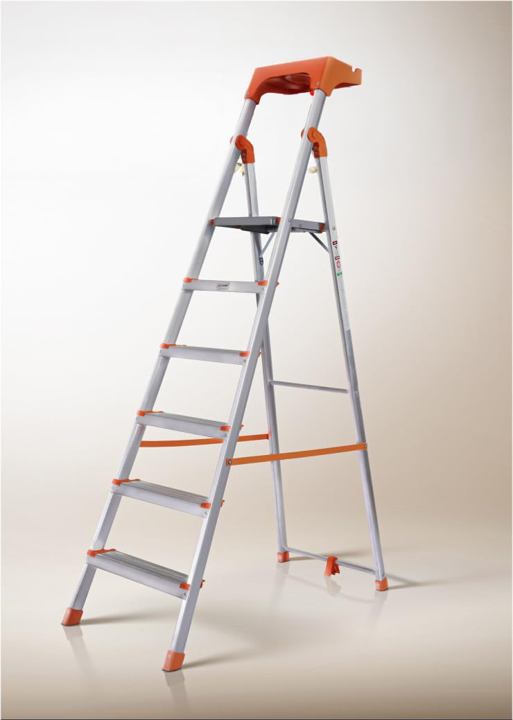 HOUZA Aluminium Ladder for Home 6 Steps Foldable with Anti-Skid Wide Steps | Multi-Purpose Heavy Duty Ladder, Kitchen & Household | 250 Kg Load Capacity | 5 Year Warranty (Orange)