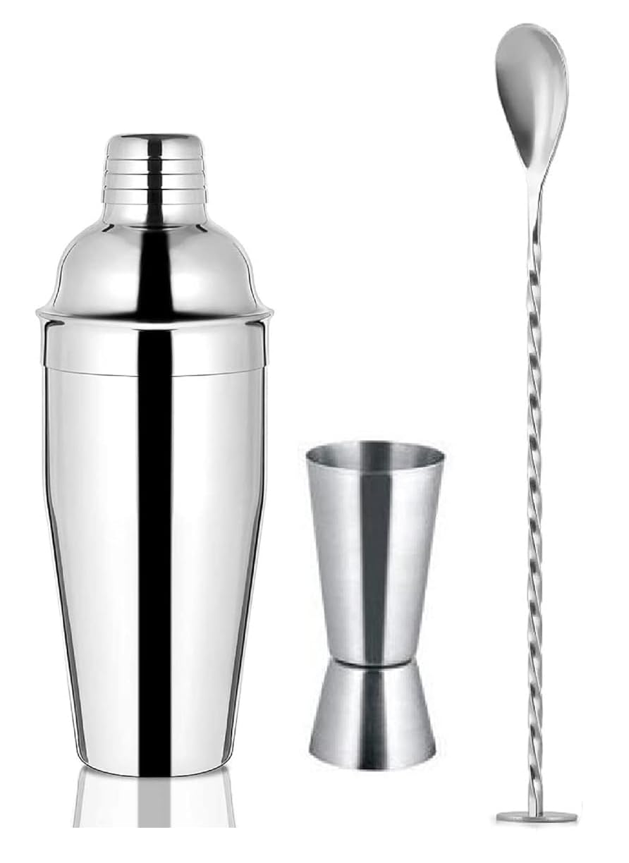 Dynore Stainless Steel 3 Pcs Professional Bar Set- Cocktail Shaker 750, 30/60 Peg Measure and Mixing Stirrer
