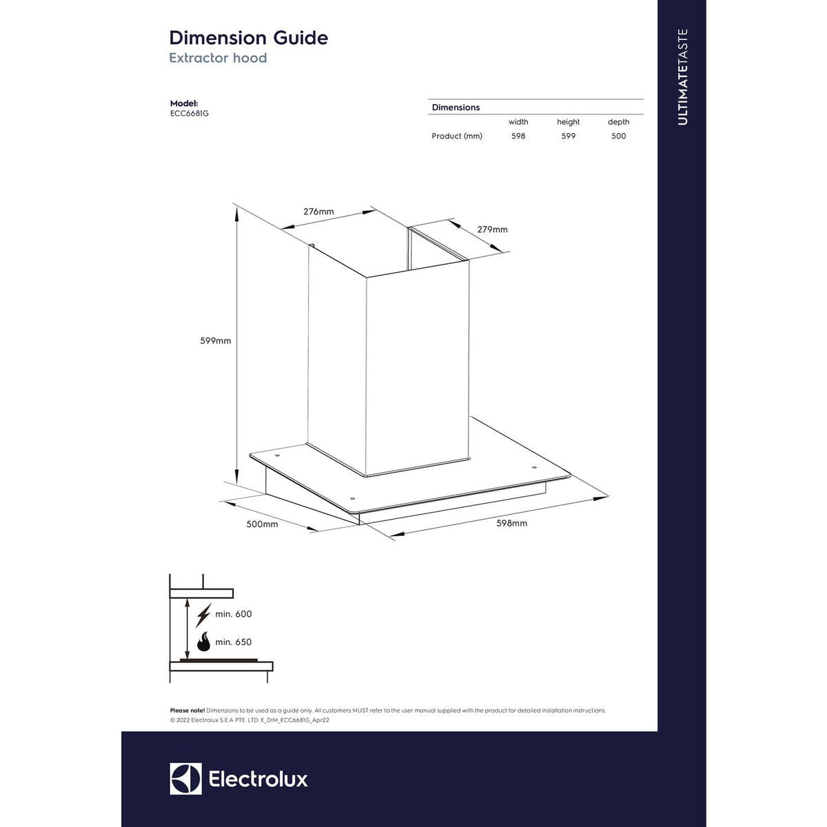 Electrolux 60cm Straight Glass Chimney for up to 180 sqft Kitchen, AutoClean, UltimateTaste 500, Black, ECC6681G-2