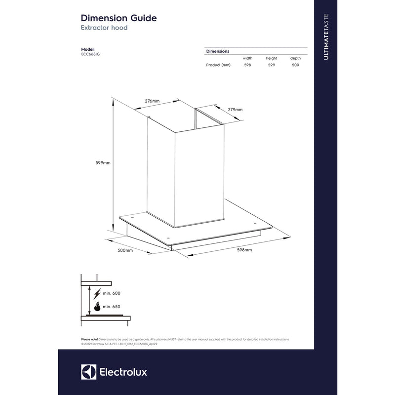 Electrolux 60cm Straight Glass Chimney for up to 180 sqft Kitchen, AutoClean, UltimateTaste 500, Black, ECC6681G-2