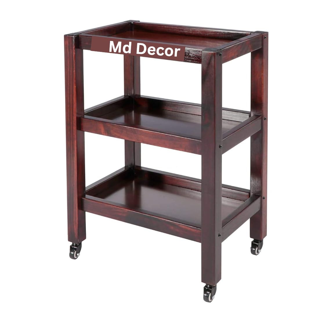 Elegant Wooden 3-Tier Rolling Cart – Large Mahogany Polished Trolley with Wheels for Home and Kitchen – Versati