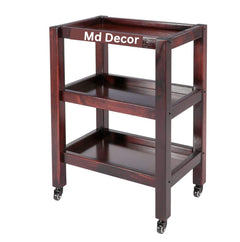 Elegant Wooden 3-Tier Rolling Cart – Large Mahogany Polished Trolley with Wheels for Home and Kitchen – Versati