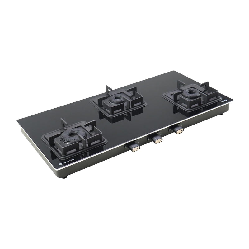 KAFF Gas Stove/Cooktop 3 Burners 77 CM, Black Coated Brass Burners With Auto Electric Ignition, Decorative SS Moulded Strip on All Sides for Edge Protection Black | CTQ773BAI