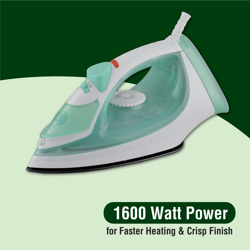 Usha 3816 1600W Steam Iron with Shock Proof Body | Teflon Coated Soleplate | Powerful Steam Output upto18gm/min | 280ml Water Tank Capacity | Overheat Safety Shutoff | 2 Years Warranty|(Green & White)