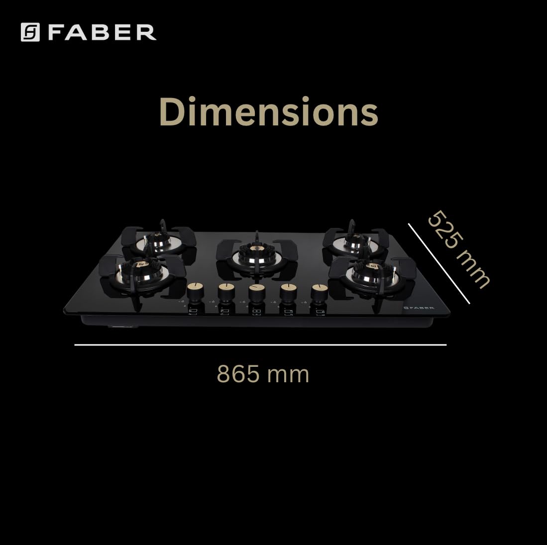 Faber Hob/Hobtop 5 Brass Burner Auto Electric Ignition Glass Top (Maxus HT905 CRS BR CI AI) Black