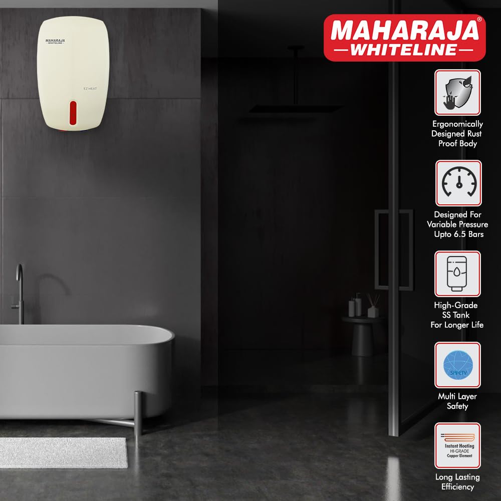 Maharaja Whiteline Ez Heat Instant Wall Water Heater 3 Ltr With Long Lasting Efficiency, 3000W, Rust Proof Body|High Grade Ss Tank|6.5 Bars (Warranty Of 2 Years On Product & 5 Years On Tank)