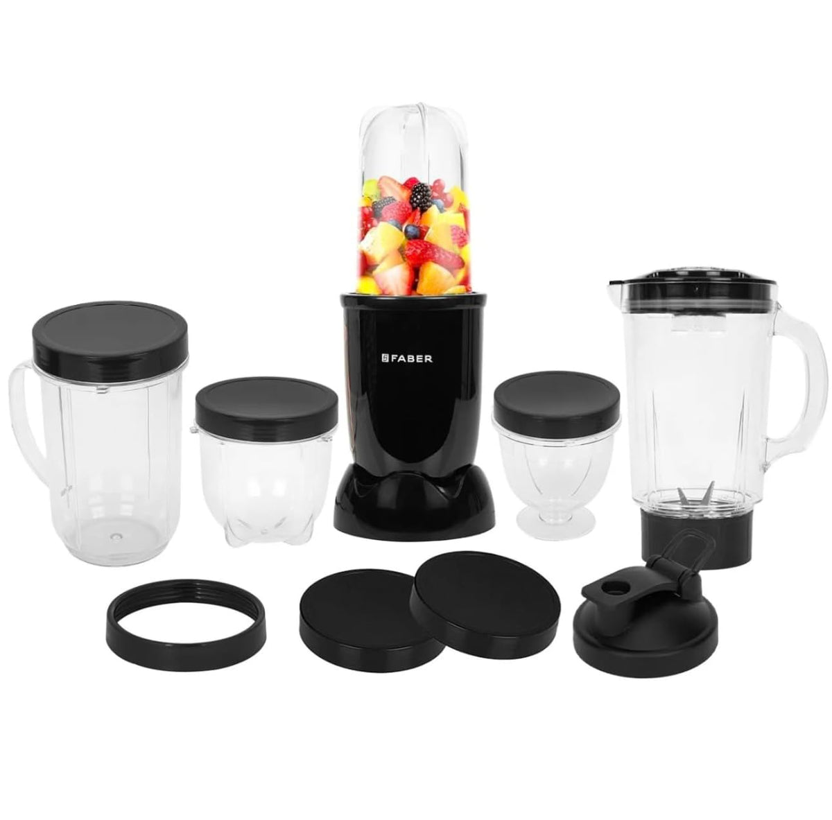 Faber 550W Sportz Blender FSB 5-in-1 Nutrifit Nero|100% Copper Motor|Detachable SS Blade|5 PC Jars 1L+500ML+500ML Mug+30