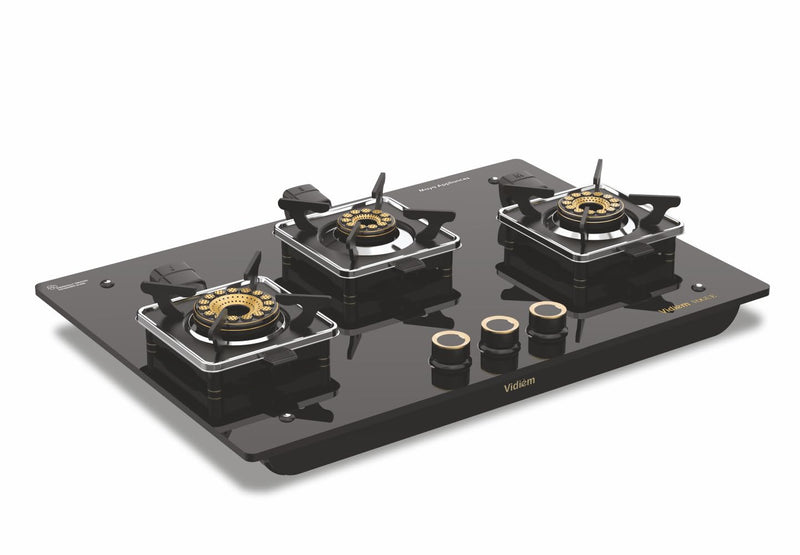 Vidiem Vogue Vesta Gas Stove 3 Burners Glass Top | Removable Special Brass Burner | 8mm Toughened Glass | 10mm Thick Pan