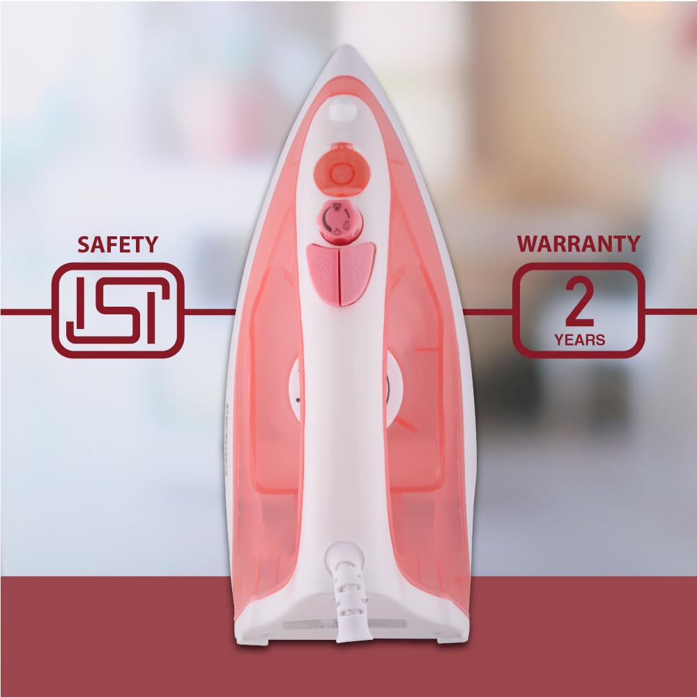USHA SI 3813 C 1300W Steam Iron with Ceramic Coated Sole Plate, Self Cleaning, 180ml Water Tank, 360° Swivel Cord, Spray & Steam Burst Function – 2 Year Warranty (Pink)