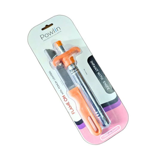 Powlin Infant Gas Lighter with Safety Knife | 17cm Chrome Metal Body, Red Handle | Multi-Purpose Kitchen Igniter for Gas Stove – Durable &amp; Safe