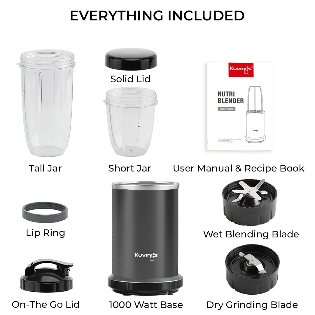 Kuvings Nutri Blender PRO Gunmetal Grey, Powerful 1000 Watts Motor, Mixer/Grinder/Smoothie Maker, Blender for Smoothies and Juices, Stainless Steel Body, 2 Blade Set: Wet & Dry