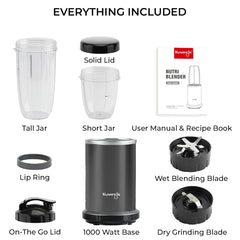 Kuvings Nutri Blender PRO Gunmetal Grey, Powerful 1000 Watts Motor, Mixer/Grinder/Smoothie Maker, Blender for Smoothies and Juices, Stainless Steel Body, 2 Blade Set: Wet & Dry