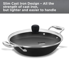 Hawkins Futura Ironman Slim Cast Iron 2.5 Litre Kadhai with Glass Lid | Lightweight, Durable & Even-Heating Deep-Fry Pan | Kadai Ideal for curries, Frying, Gravies, Snacks | Black (IMK25G)
