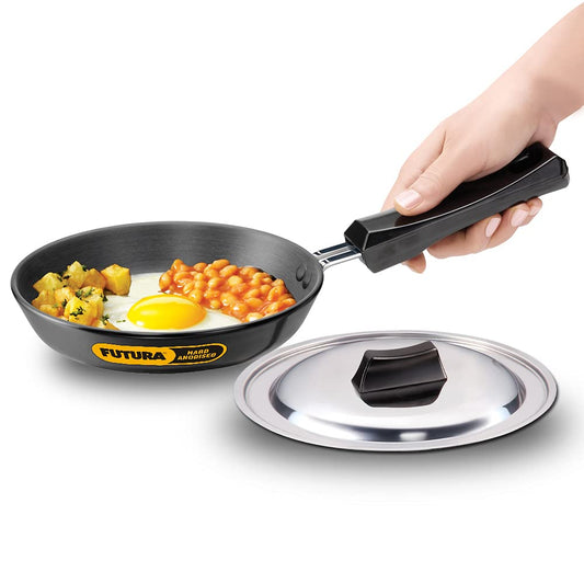 Hawkins Futura 17 cm Frying Pan, Hard Anodised with Stainless Steel Lid, Small Frying Pan, Black (AF17S)