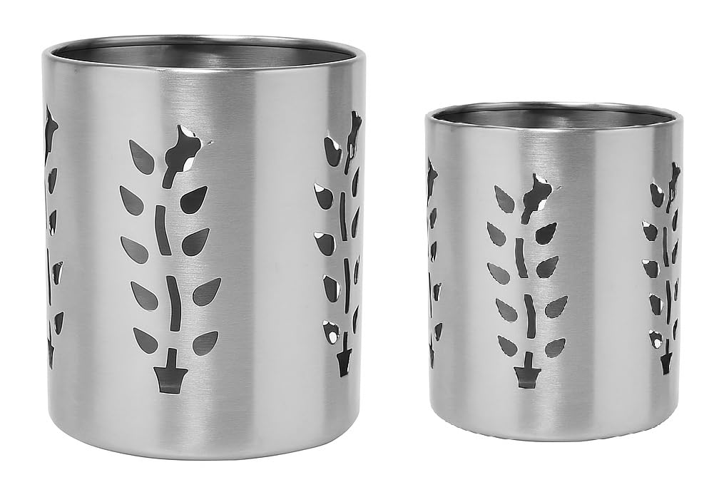Dynore LeafCut Stainless Steel Organizer Set/Cutlery Holder Set | Dual-Size Kitchen Counter Holders - Set of 2 Pcs