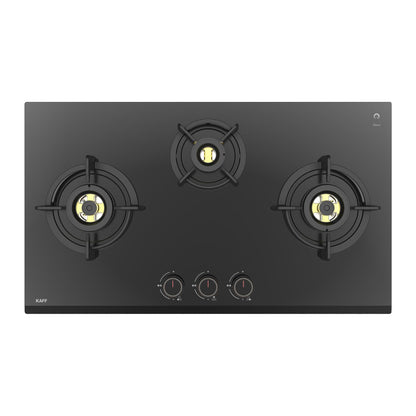 KAFF ASHFORD | Built-in Hob/Hobtop 3 Burners, 78 CM | Auto Ignition | Full Brass Burners with all Flame Failure Device, 8 MM Thick Toughened Glass | Black | ASF783