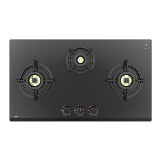 KAFF ASHFORD | Built-in Hob/Hobtop 3 Burners, 78 CM | Auto Ignition | Full Brass Burners with all Flame Failure Device, 8 MM Thick Toughened Glass | Black | ASF783