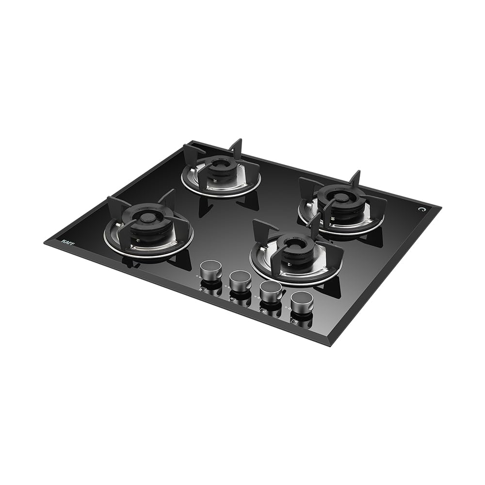 KAFF FBB 604 Built-in Hob/Hobtop 4 Burners, Auto Electric Ignition Glass Top, 60 CM, Full Brass Burner, 8 MM Thick Toughened Glass Bevelled Black Tempered Glass (Black)