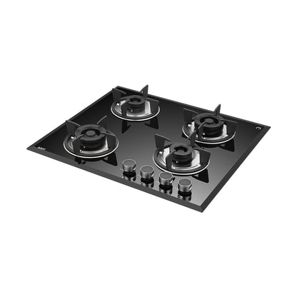 KAFF FBB 604 Built-in Hob/Hobtop 4 Burners, Auto Electric Ignition Glass Top, 60 CM, Full Brass Burner, 8 MM Thick Toughened Glass Bevelled Black Tempered Glass (Black)