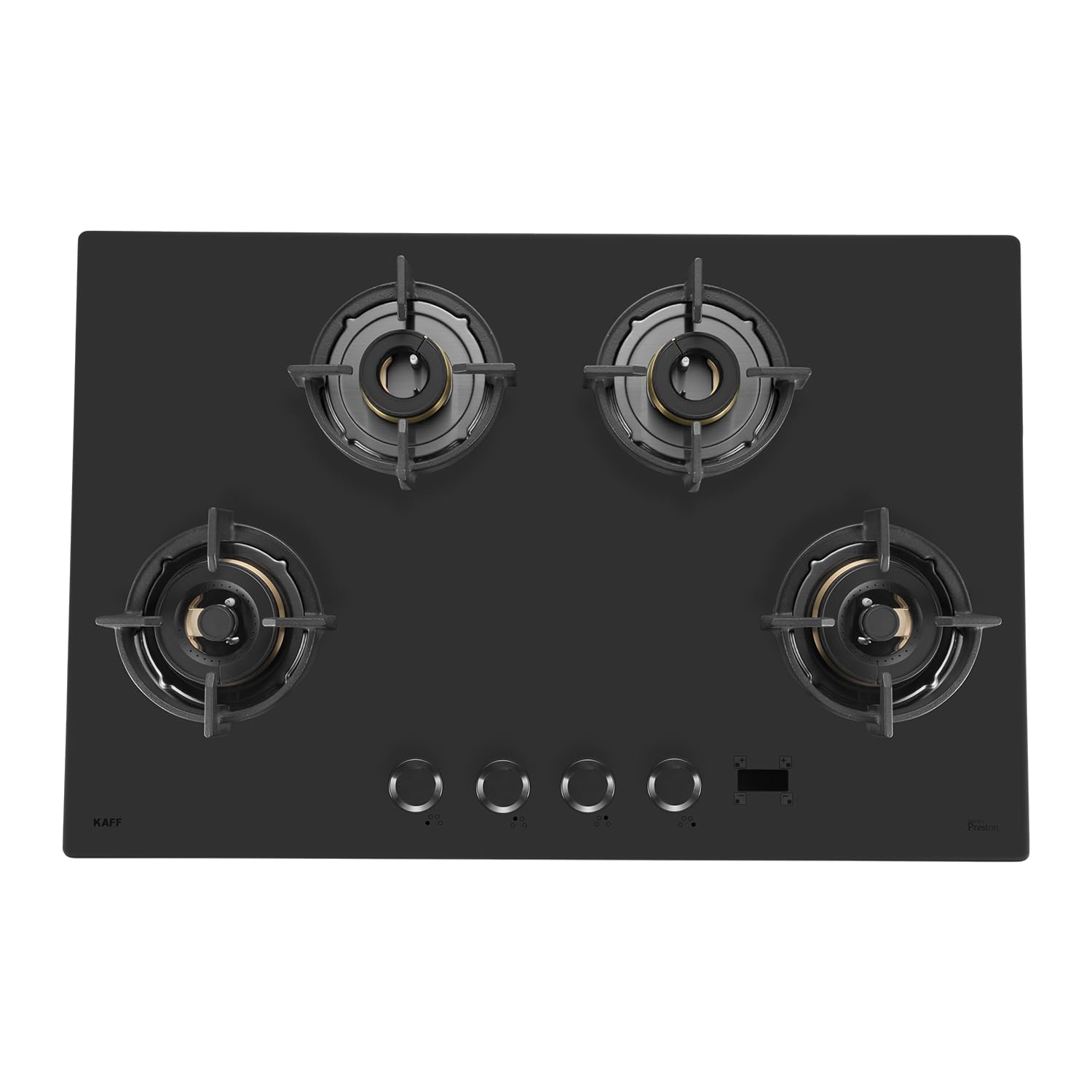 KAFF | PRESTON |80CM 4 Burners Open Built-In Hob & Hobtop With Digital Timer | 8Mm Premium Frosted Black Glass | Powerful Brass Burners With Full Flame Failure Device | Enamelled Matt Finish | PRS804