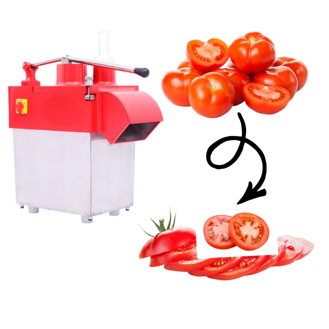 KRN Commercial Vegetable Slicer Machine for Hotels & Restaurants, Heavy Duty Blade Tomato Vegetable Cutter with Stainless Steel Output Tray, Red