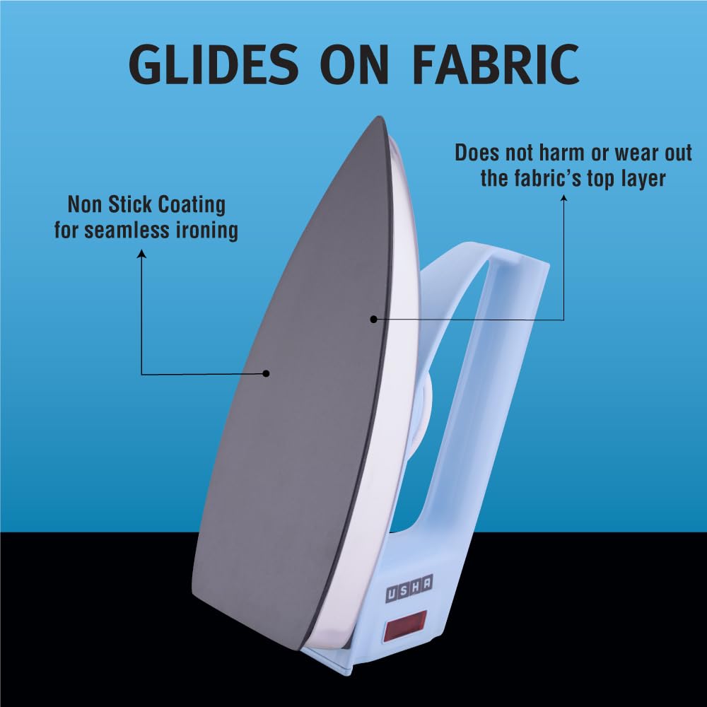 USHA EI 4175-M 750W ULTRA LIGHT WEIGHT ELECTRIC IRON WITH NON STICK PTFE COATED (BLACK WEILBURGER) SOLE PLATE, LIGHT BLUE