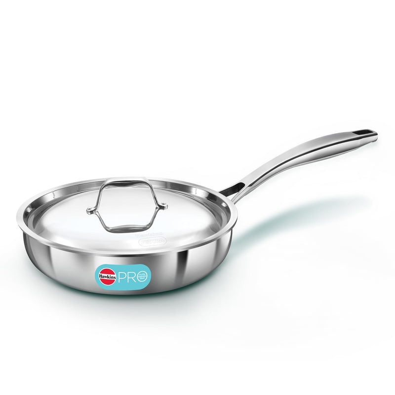 Hawkins Pro 22 cm Frying Pan, Triply Stainless Steel Fry Pan with Stainless Steel Handle and Stainless Steel Lid, Silver (PSF22S)