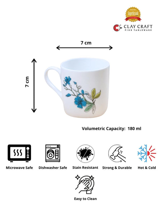 Clay Craft Fine Ceramic | Floral Printed | Tea/Coffee Cups - Set of 6-180 ml Each (Blue Flower), Tea Cup Set of 6, Microwave & Dishwasher Safe, Mugs for Coffee, Cups Set of 6, Ideal for Gifting