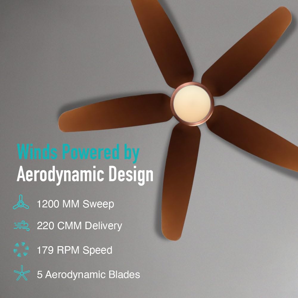 KUHL Luxus C5 1200mm Stylish 65% Power Saving BLDC Ceiling Fan with Remote | Night & Down Light | 29W |BEE 5 Star | Low Noise | IoT –Operate via Mobile & Alexa | Reverse Mode |Free Installation|Brown