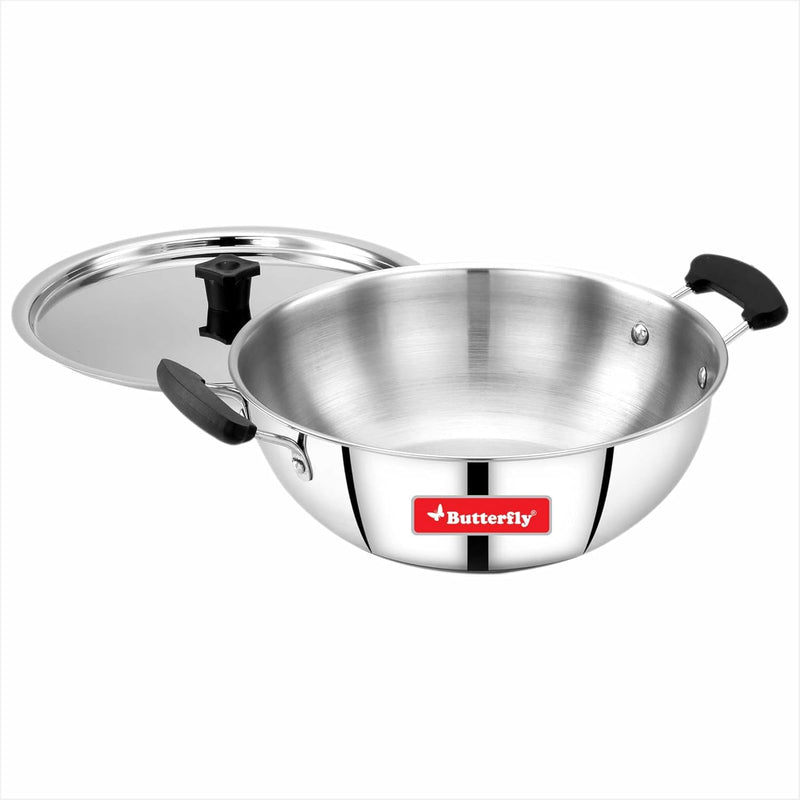 Butterfly Classic Stainless Steel Cookware 5 Pcs Set|Fry Pan 22Cm(1.4L)|Kadai 22Cm(2.2L)|Saucepan 16Cm(1.6L) with Steel Lids|Induction Base,Triply Bottom|Even,Fast Cooking with Less Oil,Silver