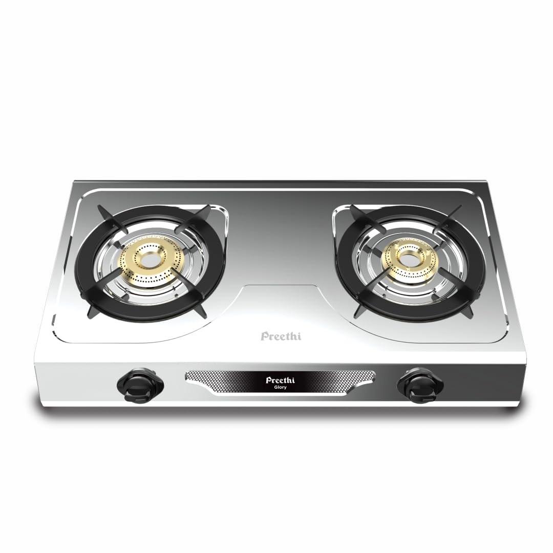 Preethi Stylo Steel 3 Burner Gas Stove |Curved & Sleek design| Heavy Brass Burner| Ant Guard Jet | Removable Drip Tray