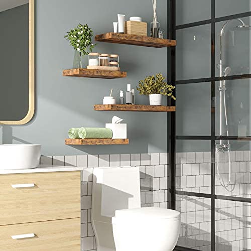 Loating Shelves Wall Mounted 17-Inch - Set of Dark Brown Wooden Shelf, Natural Rustic Farmhouse sheesham Wood (