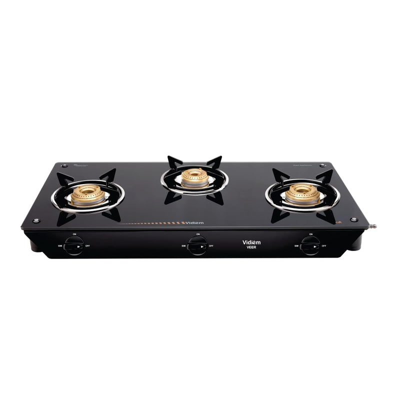 Vidiem VEER 2 Burner Gas Stove with 7mm Toughened Glass Top | Medium & Small Brass Burners | Spill Proof Drip Trays | He