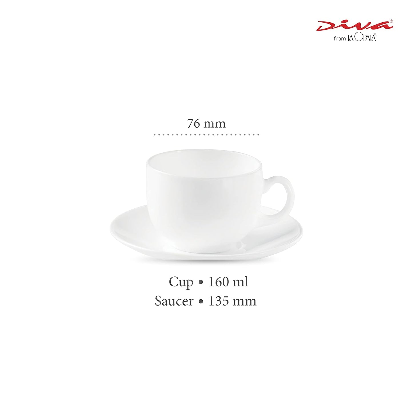 La Opala Diva, Opal Glass Crockery | Cup & Saucer Iris Regular, Set of 12 | Plain White, 160 ml | for Tea & Coffee | Microwave Safe | 100% Vegetarian | Extra Strong | Super Light | Super White