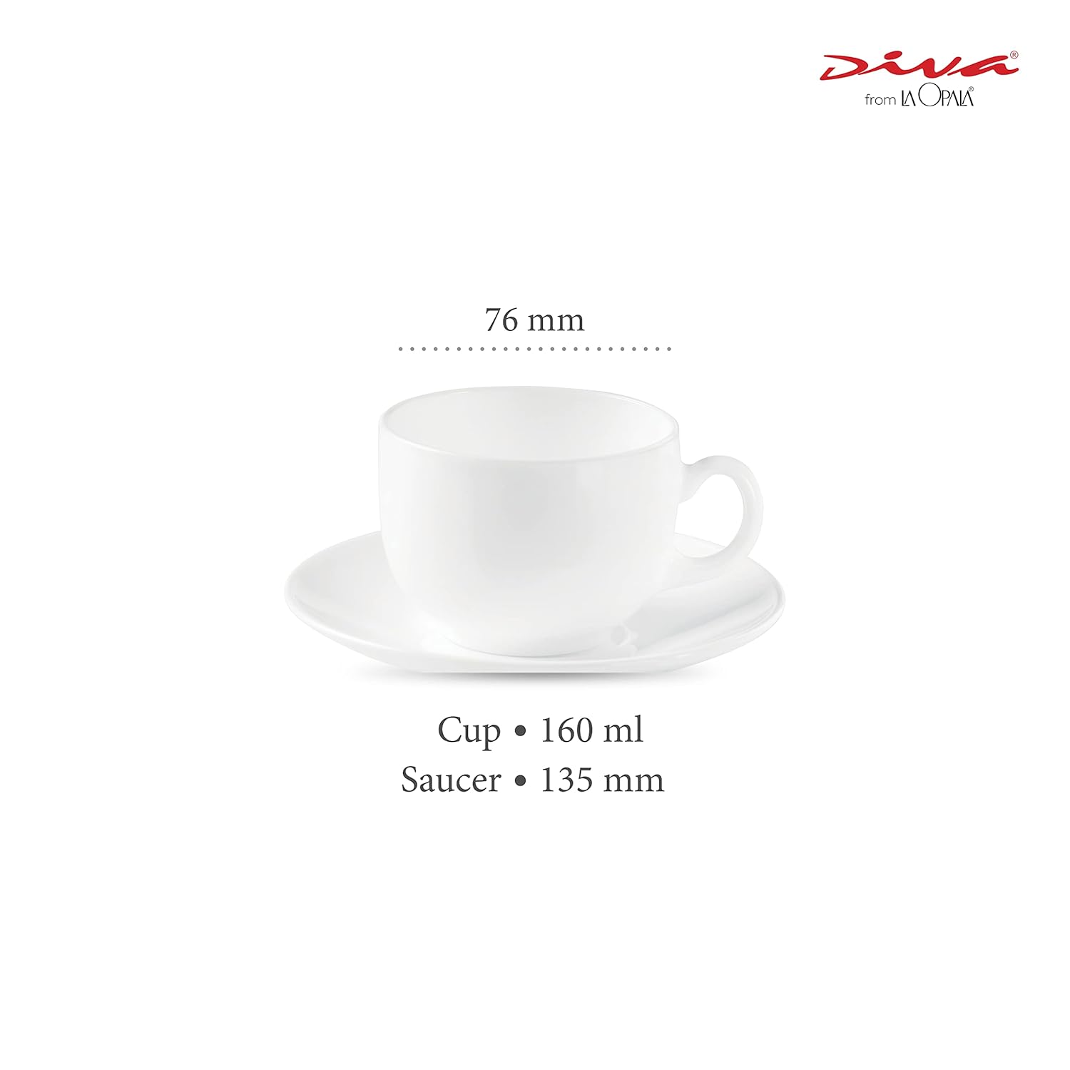 La Opala Diva, Opal Glass Crockery | Cup & Saucer Iris Regular, Set of 12 | Plain White, 160 ml | for Tea & Coffee | Microwave Safe | 100% Vegetarian | Extra Strong | Super Light | Super White