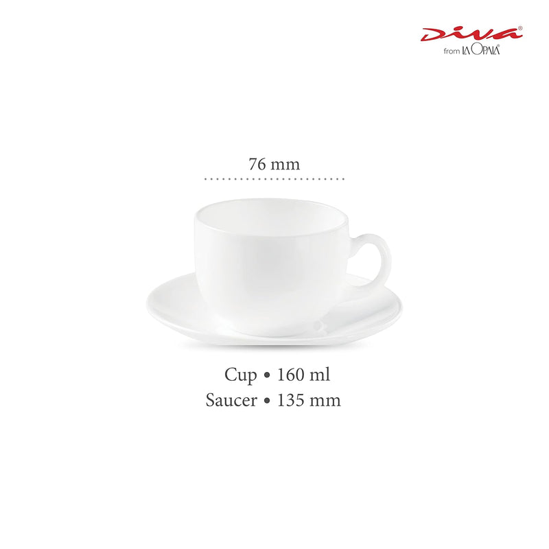La Opala Diva, Opal Glass Crockery | Cup & Saucer Iris Regular, Set of 12 | Plain White, 160 ml | for Tea & Coffee | Microwave Safe | 100% Vegetarian | Extra Strong | Super Light | Super White