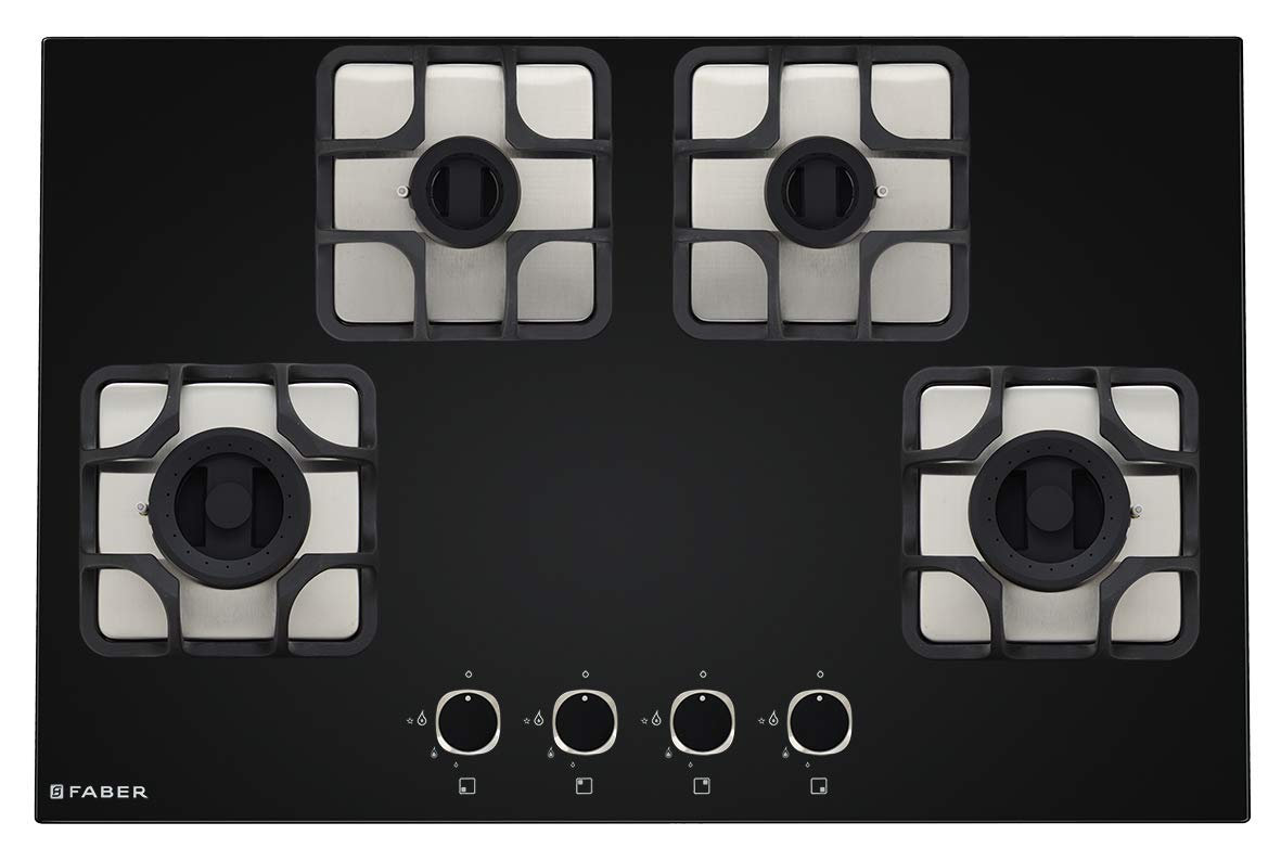 Faber Hobtop Imperia Plus 784 BRB CI BK 4 Brass Burner Auto Electric Ignition Glass Top, Black
