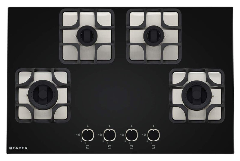 Faber Hobtop Imperia Plus 784 BRB CI BK 4 Brass Burner Auto Electric Ignition Glass Top, Black