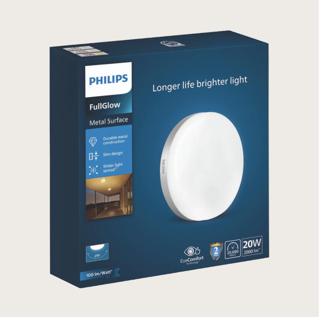 Philips 20W Round LED Surface Light - Full Glow Panel, Metal Body, Ceiling Light for Home, Office, Hall (White with Metallic Finish, B0F5HW4QRT)
