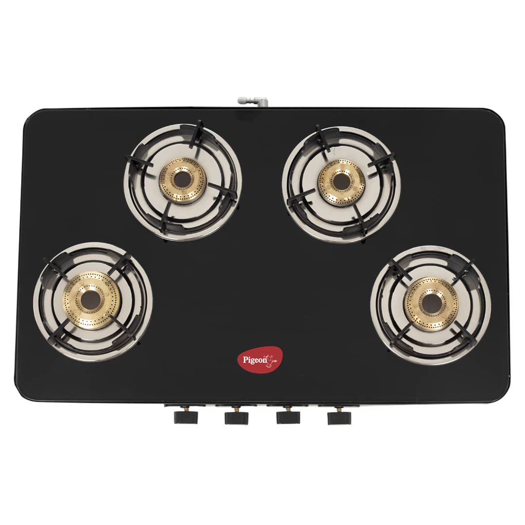 Pigeon by Stovekraft Sleek 4 Burner Ultra Slim Gas Stove with Glass Top, Tempered Glass, Manual, Black