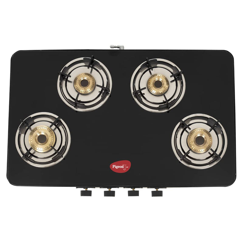 Pigeon by Stovekraft Sleek 4 Burner Ultra Slim Gas Stove with Glass Top, Tempered Glass, Manual, Black