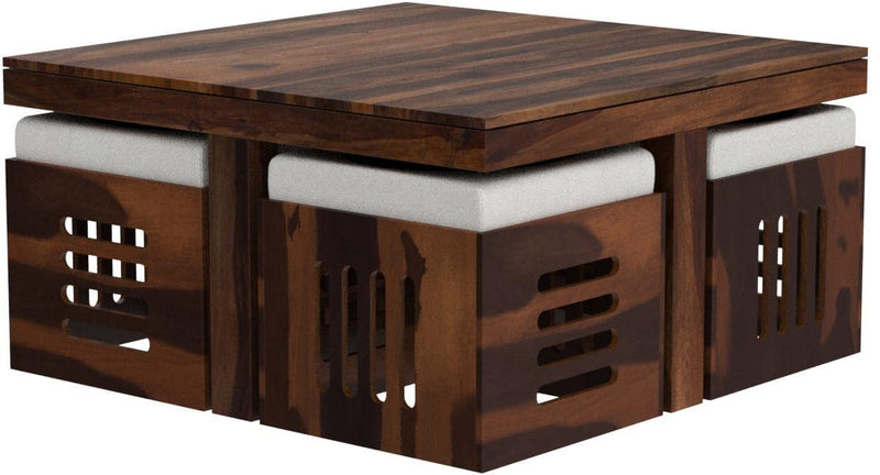 Solid Sheesham Coffee Table 4 Seater with Four Stool for Living Room Center Coffee Table for Bedroom,Cafe, Home