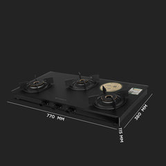 Faber Nebula Black Matt Glass Finish Cooktop |3 Brass Burners - Jumbo, Medium & Small | Manual Ignition| Heavy Pan Suppo